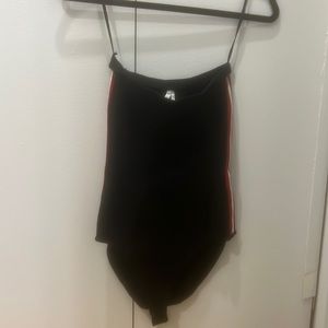 Black strapless bodysuit with red stripe